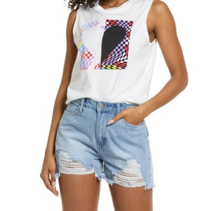 NWOT BP Graphic Muscle‎ Tank in White Checker Heart (XS)